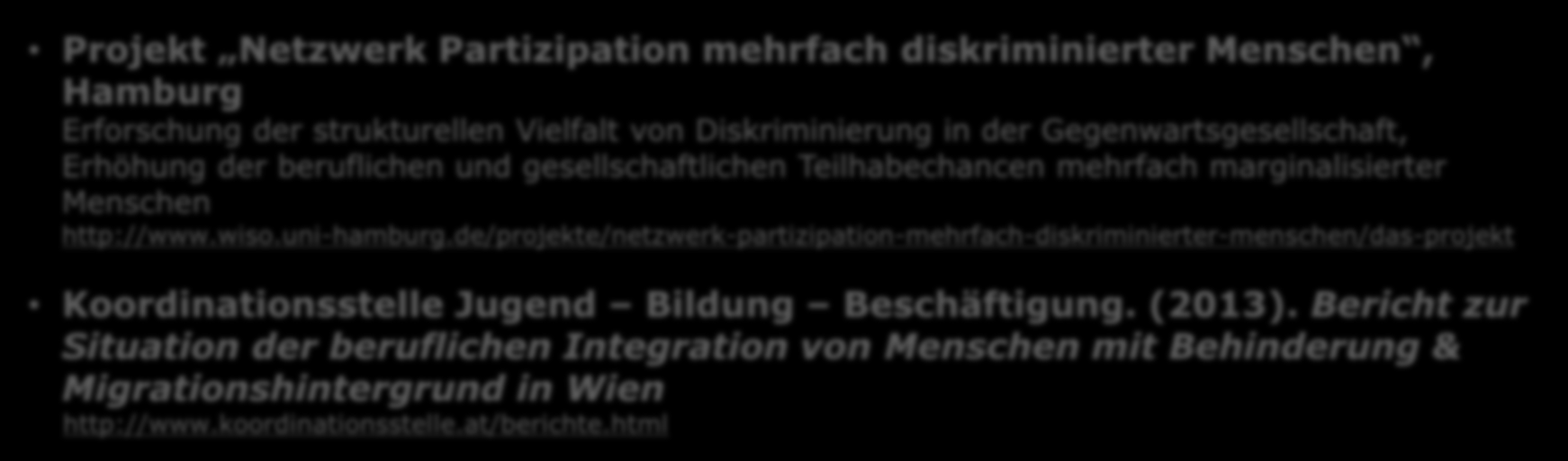 Behinderung und Migration Projekte und Materialien zum Thema Projekt Netzwerk Partizipation mehrfach diskriminierter Menschen, Hamburg Erforschung der strukturellen Vielfalt von Diskriminierung in