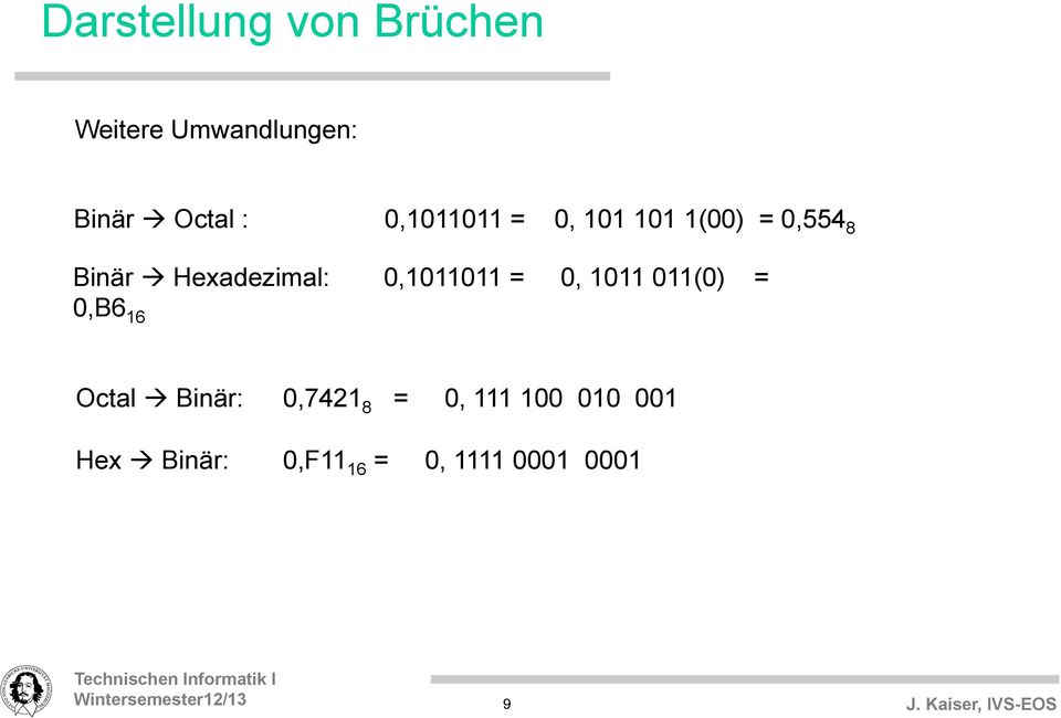0,1011011 = 0, 1011 011(0) = 0,B6 16 Octal à Binär: 0,7421 8 = 0,
