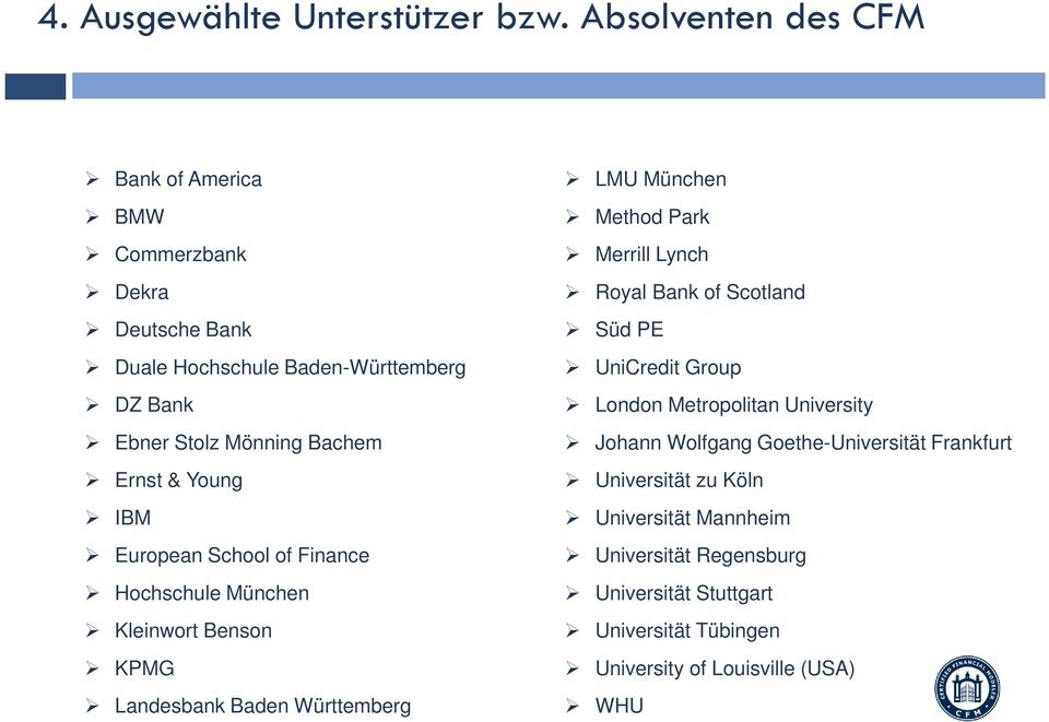& Young IBM European School of Finance Hochschule München Kleinwort Benson KPMG Landesbank Baden Württemberg LMU München Method Park Merrill Lynch