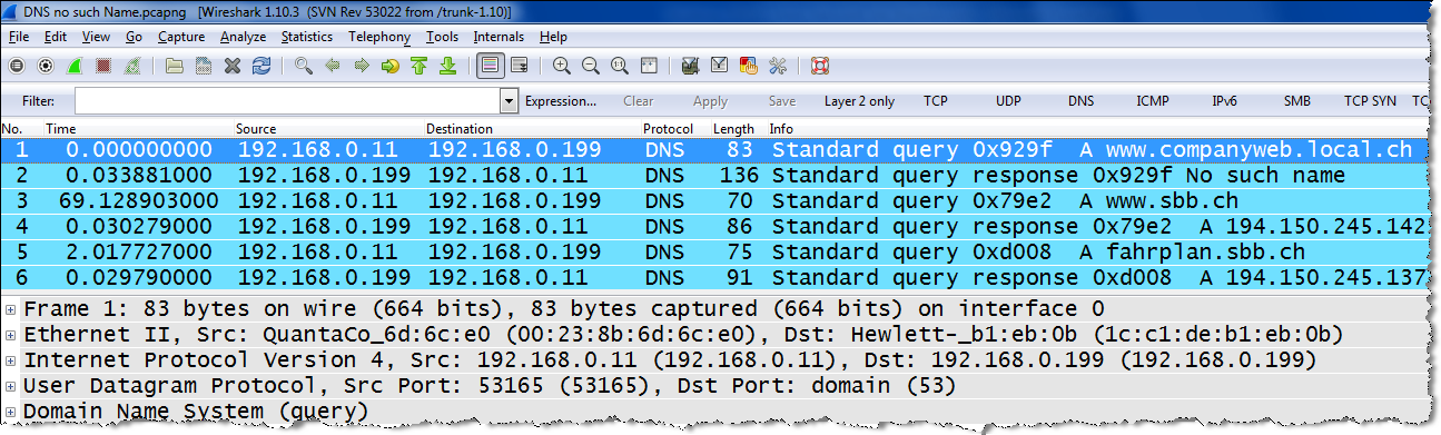 Domain Name System (DNS) Protocol 12 Der Client sucht die IP-Adresse zu einem Namen (z.b. www.wireshark.