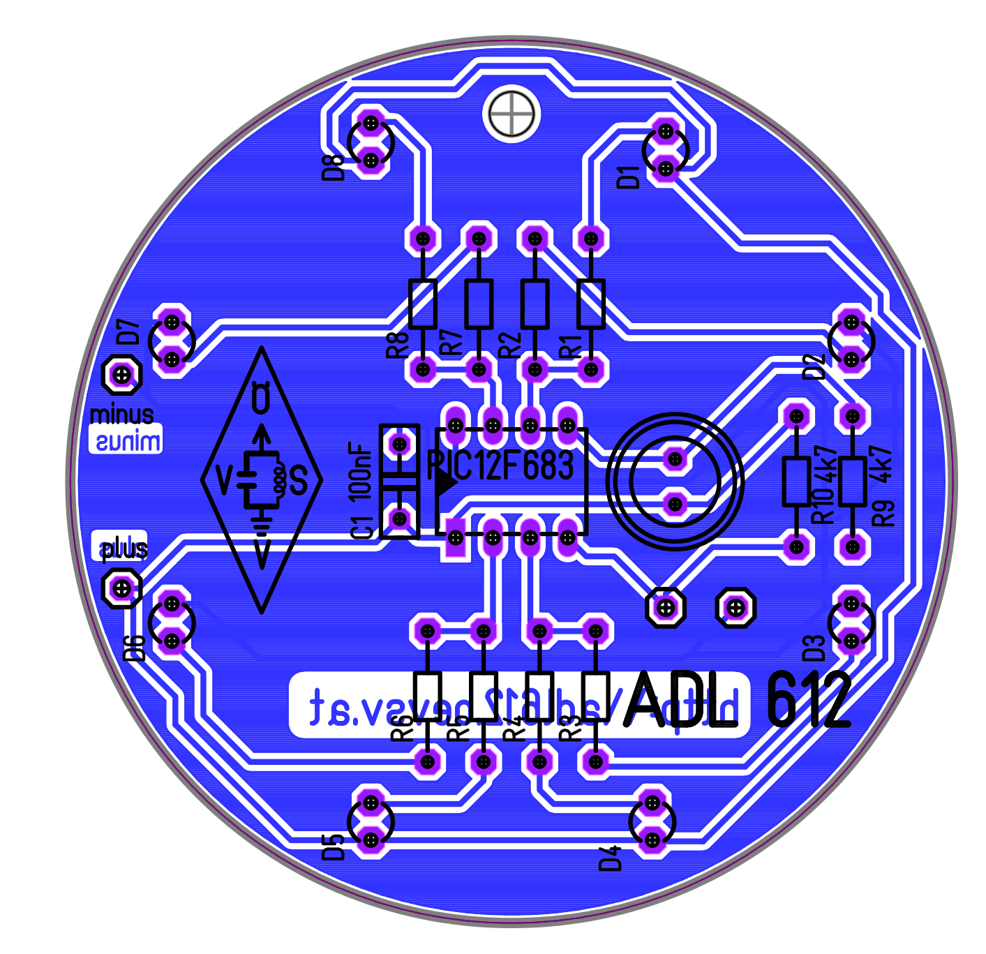 Schaltplan Den Kern der Schaltung (Abb. 1) bildet der bereits programmierte Mikrocontroller PIC12F683. Dieser wird von 2 AAA Batterien mit etwa 3V an VDD(+) und VSS(-) versorgt.