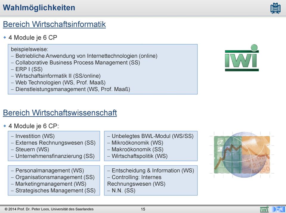 Maaß) Bereich Wirtschaftswissenschaft 4 Module je 6 CP: Investition (WS) Externes Rechnungswesen (SS) Steuern (WS) Unternehmensfinanzierung (SS) Personalmanagement (WS)