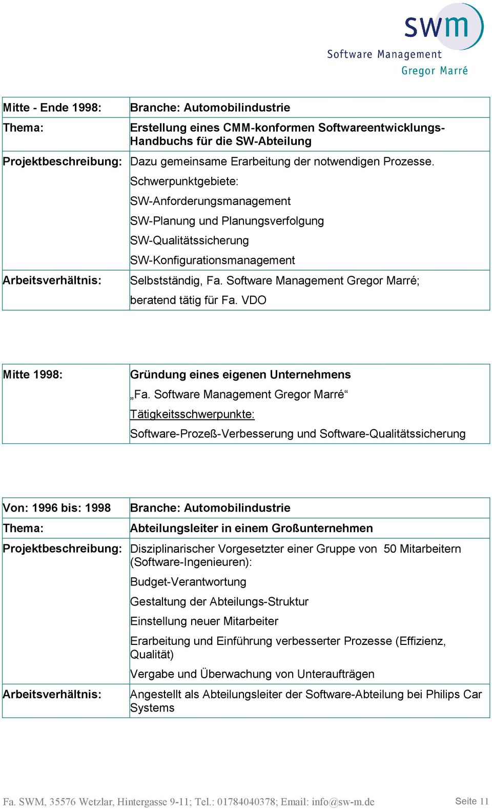 Software Management Gregor Marré; beratend tätig für Fa. VDO Mitte 1998: Gründung eines eigenen Unternehmens Fa.