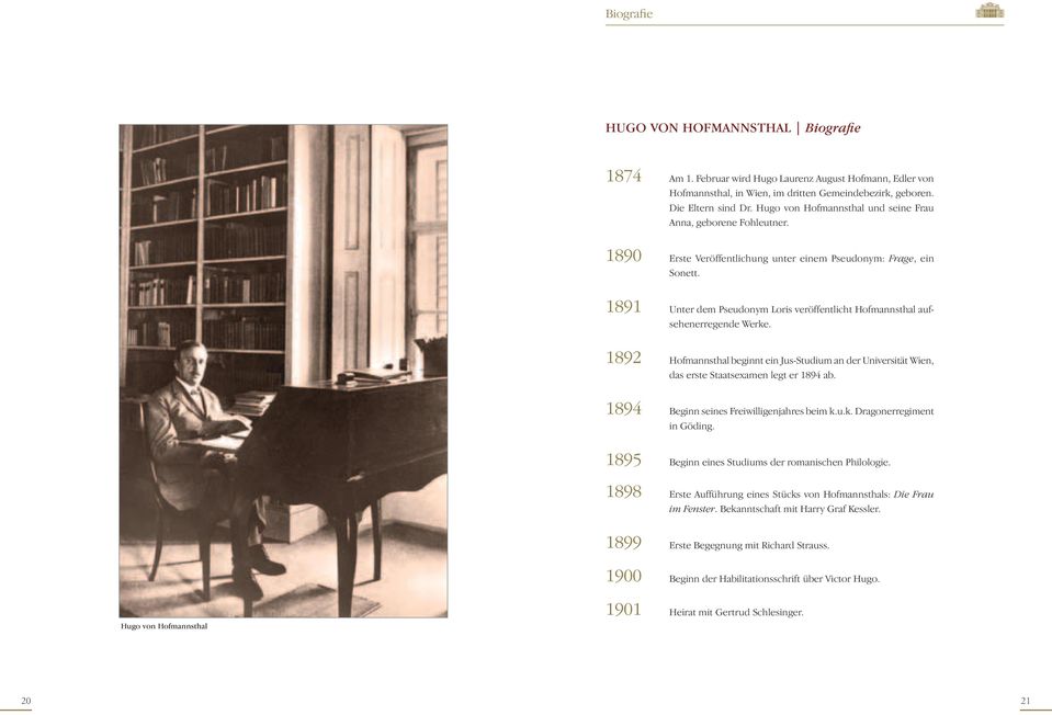 1891 Unter dem Pseudonym Loris veröffentlicht Hofmannsthal aufsehenerregende Werke. 1892 Hofmannsthal beginnt ein Jus-Studium an der Universität Wien, das erste Staatsexamen legt er 1894 ab.