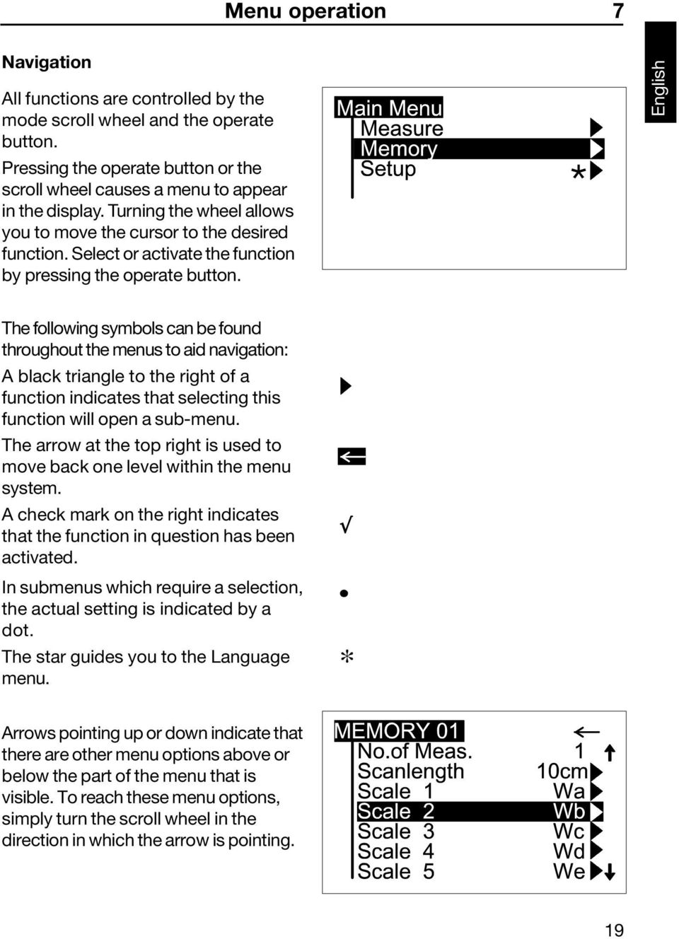 English The following symbols can be found throughout the menus to aid navigation: A black triangle to the right of a function indicates that selecting this function will open a sub-menu.