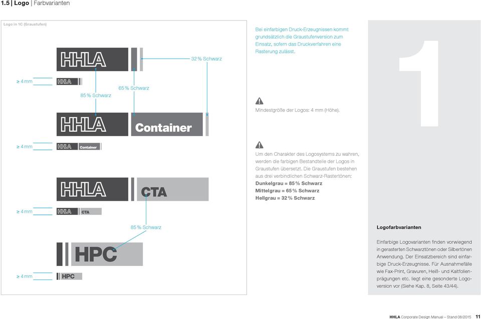 Die Graustufen bestehen aus drei verbindlichen Schwarz-Rastertönen: Dunkelgrau = 85 % Schwarz Mittelgrau = 65 % Schwarz Hellgrau = 32 % Schwarz 4 mm 85 % Schwarz Logofarbvarianten Einfarbige