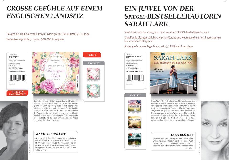 000 Exemplare Sarah Lark: eine der erfolgreichsten deutschen Spiegel-Bestsellerautorinnen Ergreifende Liebesgeschichte zwischen Europa und Neuseeland mit hochinteressantem historischem Hintergrund