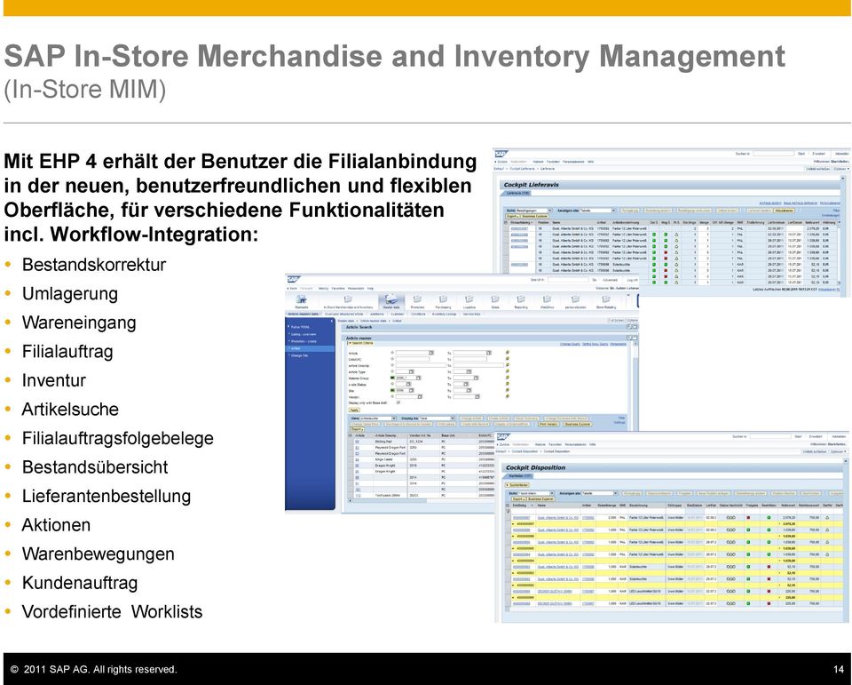 Workflow-Integration: Bestandskorrektur Umlagerung Wareneingang Filialauftrag Inventur Artikelsuche