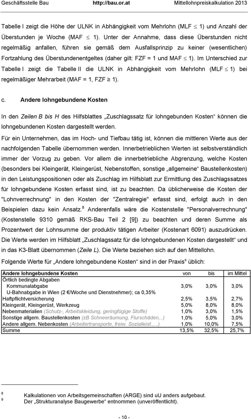 Im Unterschied zur Tabelle I zeigt die Tabelle II die ULNK in Abhängigkeit vom Mehrlohn (MLF 1) bei regelmäßiger Mehrarbeit (MAF = 1, FZF 1). c.