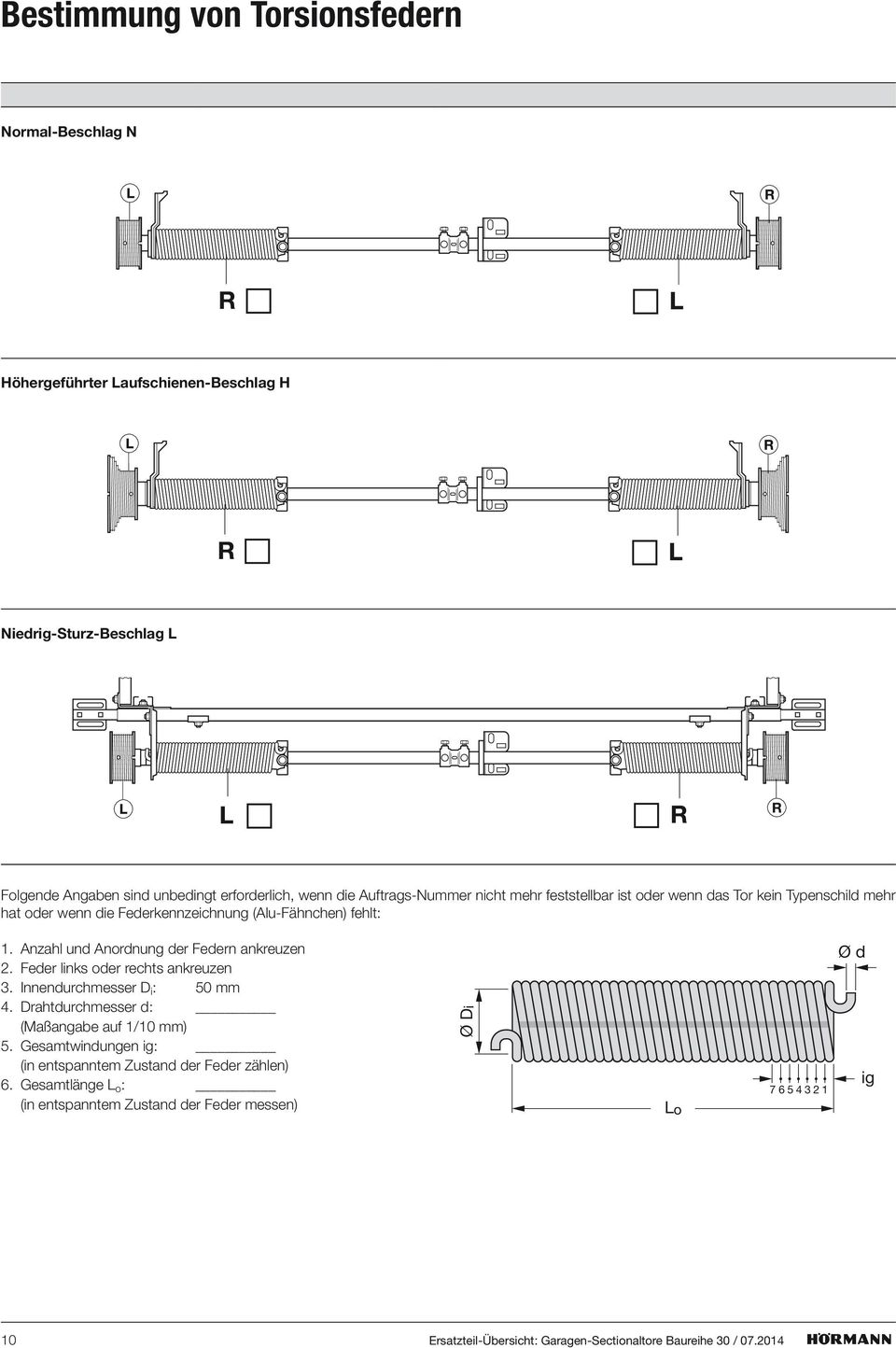 Anzahl und Anordnung der Federn ankreuzen 2. Feder links oder rechts ankreuzen 3. Innendurchmesser D i : 50 mm 4. Drahtdurchmesser d: (Maßangabe auf 1/10 mm) 5.