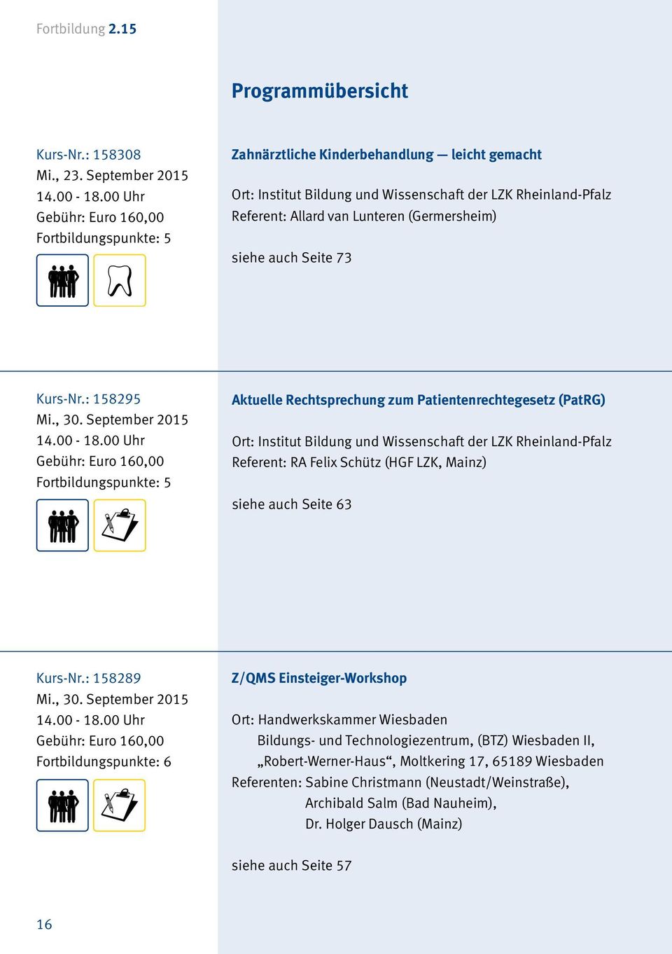 00-18.00 Uhr Gebühr: Euro 160,00 spunkte: 5 Aktuelle Rechtsprechung zum Patientenrechtegesetz (PatRG) Referent: RA Felix Schütz (HGF LZK, Mainz) siehe auch Seite 63 Team Kurs-Nr.: 158289 Mi., 30.