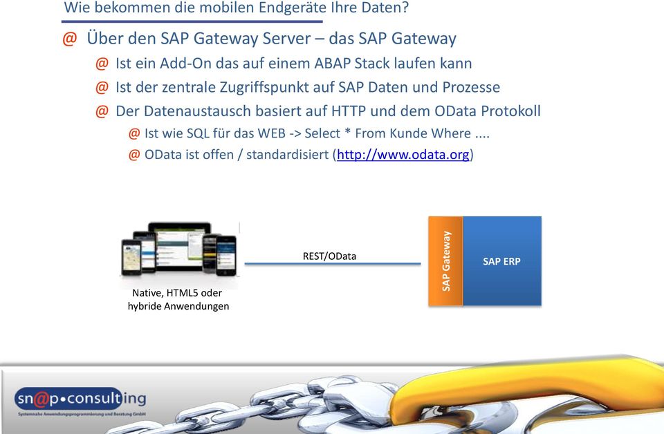 zentrale Zugriffspunkt auf SAP Daten und Prozesse @ Der Datenaustausch basiert auf HTTP und dem OData Protokoll @