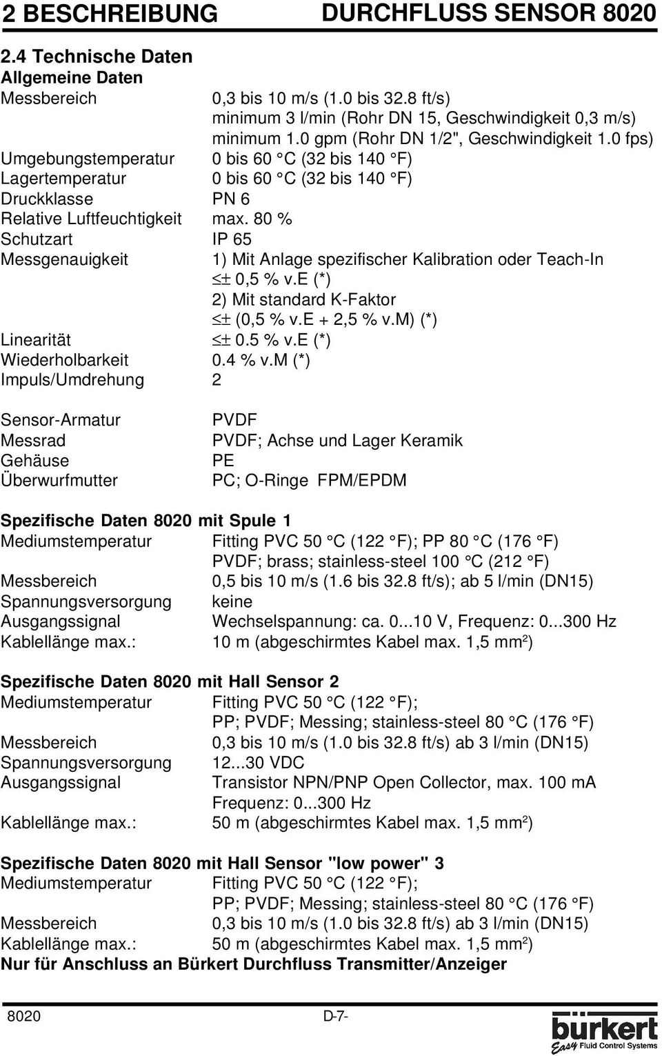 0 fps) 0 bis 60 C (3 bis 40 F) 0 bis 60 C (3 bis 40 F) Linearität ± 0. % v.e (*) Wiederholbarkeit 0.4 % v.m (*) Impuls/Umdrehung ) Mit Anlage spezifischer Kalibration oder Teach-In ± 0, % v.