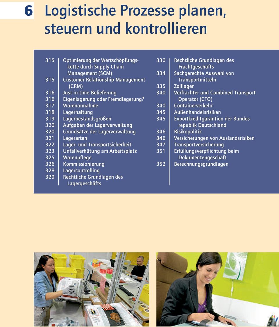 317 Warenannahme 318 Lagerhaltung 319 Lagerbestandsgrößen 320 Aufgaben der Lagerverwaltung 320 Grundsätze der Lagerverwaltung 321 Lagerarten 322 Lager- und Transportsicherheit 323 Unfallverhütung