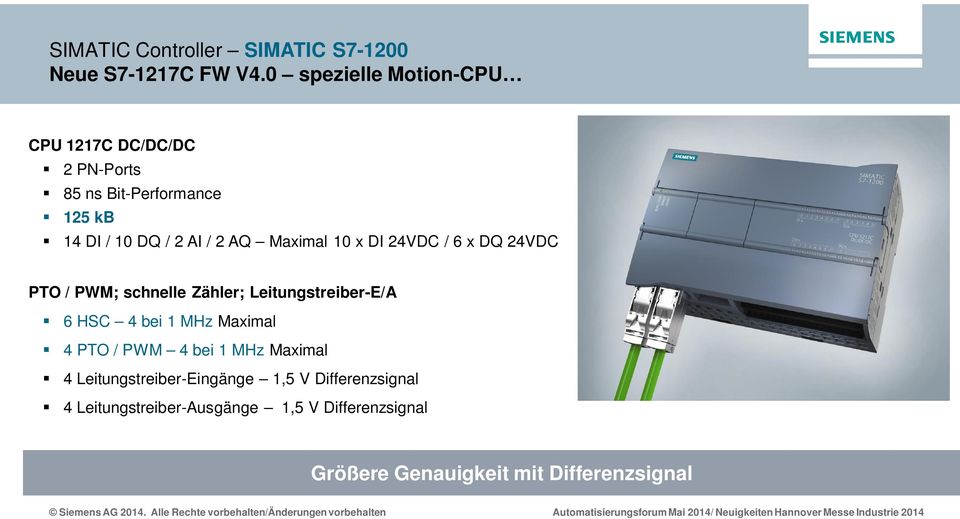Maximal 10 x DI 24VDC / 6 x DQ 24VDC PTO / PWM; schnelle Zähler; Leitungstreiber-E/A 6 HSC 4 bei 1 MHz Maximal