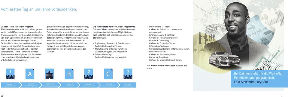 CAReer bietet Ihnen herausfordernde Projekteinsätze, mit dem Ziel, Sie optimal auf eine Fach- oder Führungsposition bei Daimler vorzubereiten.