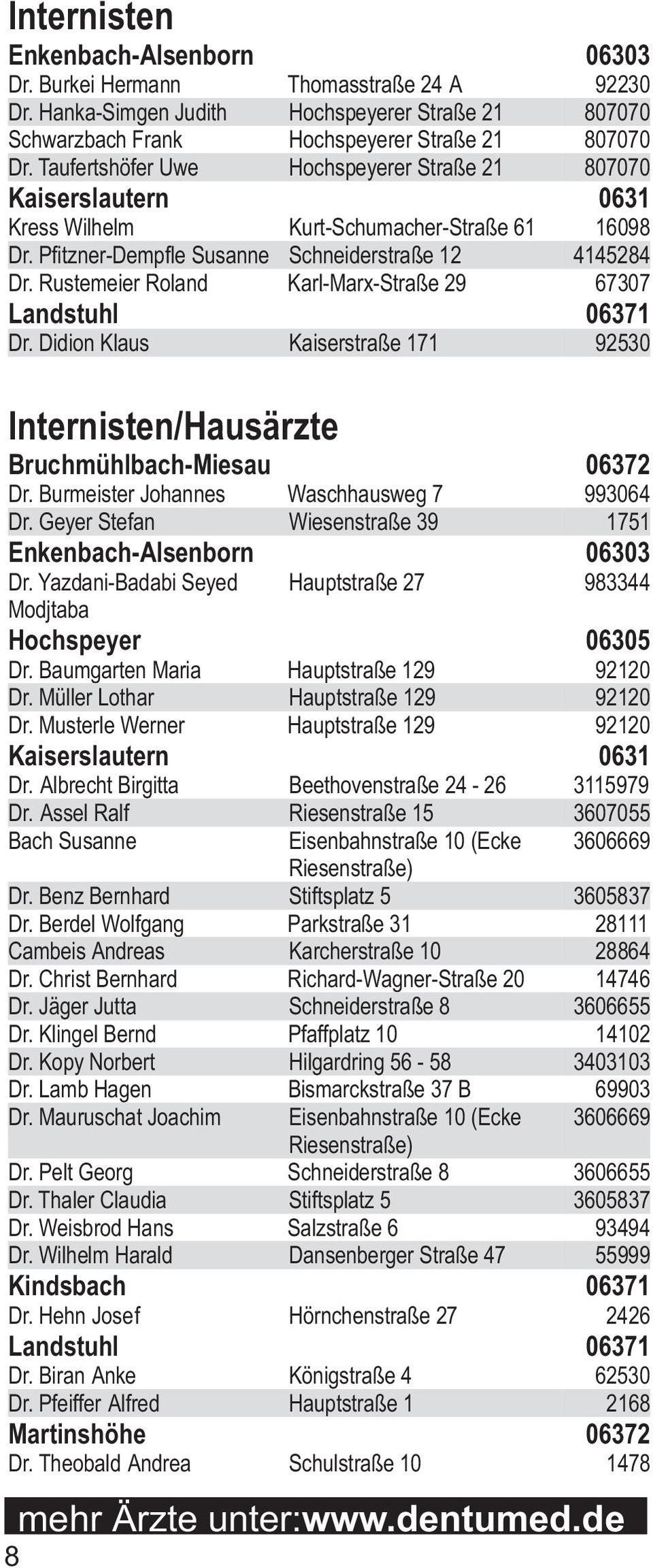 Kaiserstraße 171 92530 Internisten/Hausärzte Bruchmühlbach-Miesau 06372 Dr Burmeister Johannes Waschhausweg 7 993064 Dr Geyer Stefan Wiesenstraße 39 1751 Enkenbach-Alsenborn 06303 Dr Yazdani-Badabi