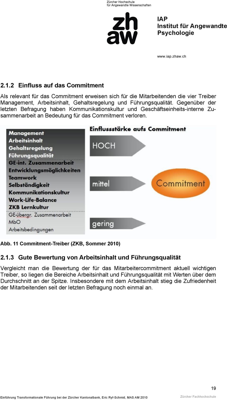 11 Commitment-Treiber (ZKB, Sommer 2010) 2.1.3 Gute Bewertung von Arbeitsinhalt und Führungsqualität Vergleicht man die Bewertung der für das Mitarbeitercommitment aktuell wichtigen