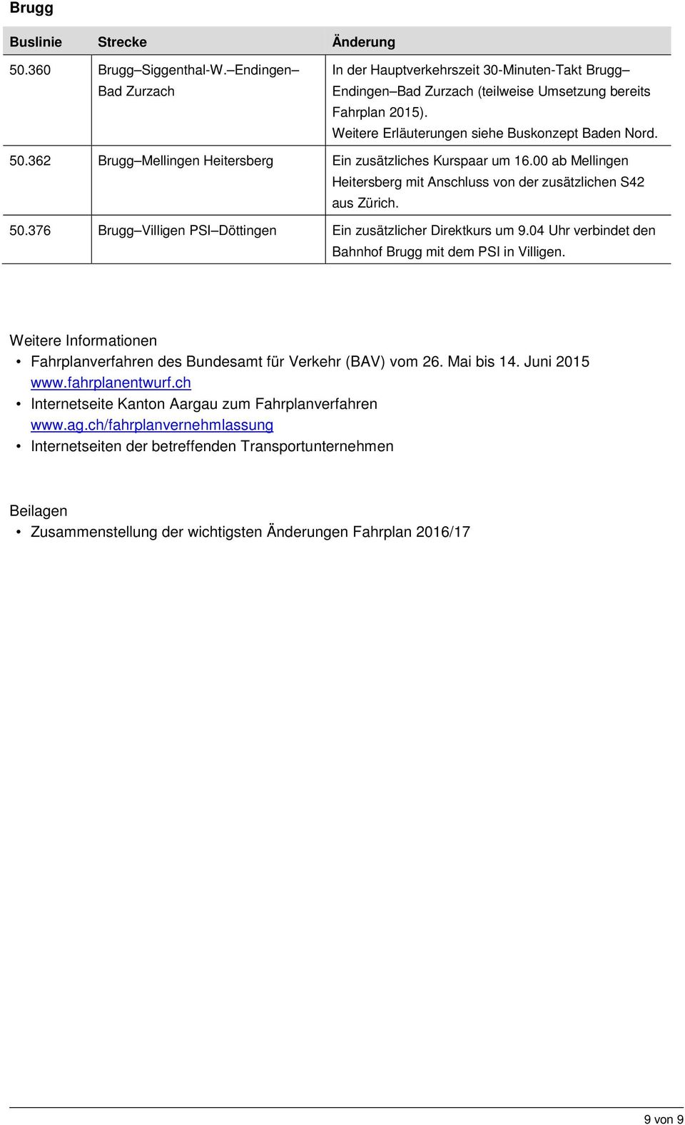 04 Uhr verbindet den Bahnhof Brugg mit dem PSI in Villigen. Weitere Informationen Fahrplanverfahren des Bundesamt für Verkehr (BAV) vom 26. Mai bis 14. Juni 2015 www.fahrplanentwurf.