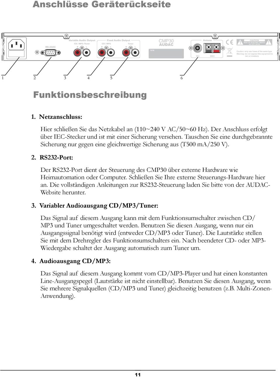 RS232-Port: Der RS232-Port dient der Steuerung des CMP30 über externe Hardware wie Heimautomation oder Computer. Schließen Sie Ihre externe Steuerungs-Hardware hier an.