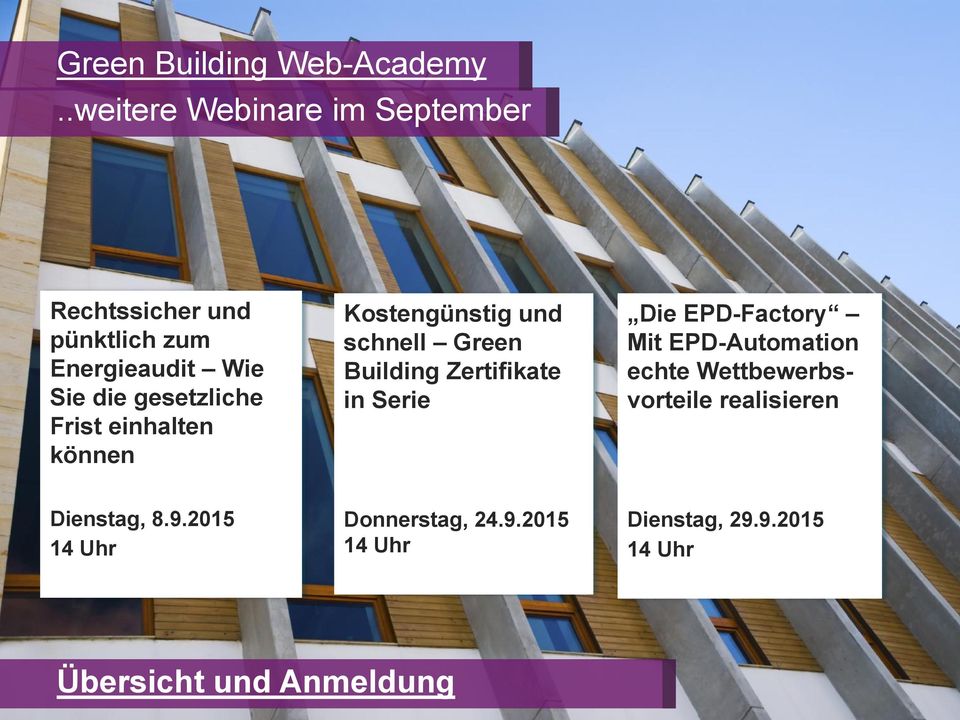 gesetzliche Frist einhalten können Kostengünstig und schnell Green Building Zertifikate in Serie