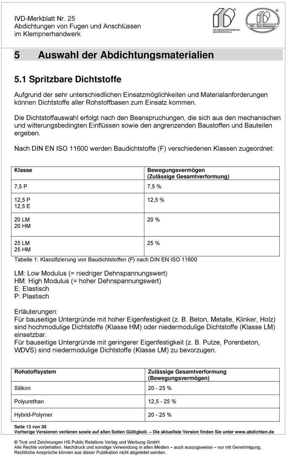 Die Dichtstoffauswahl erfolgt nach den Beanspruchungen, die sich aus den mechanischen und witterungsbedingten Einflüssen sowie den angrenzenden Baustoffen und Bauteilen ergeben.