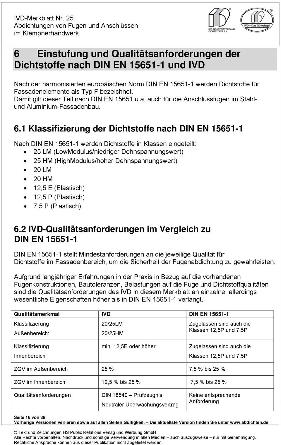 1 Klassifizierung der Dichtstoffe nach DIN EN 15651-1 Nach DIN EN 15651-1 werden Dichtstoffe in Klassen eingeteilt: 25 LM (LowModulus/niedriger Dehnspannungswert) 25 HM (HighModulus/hoher