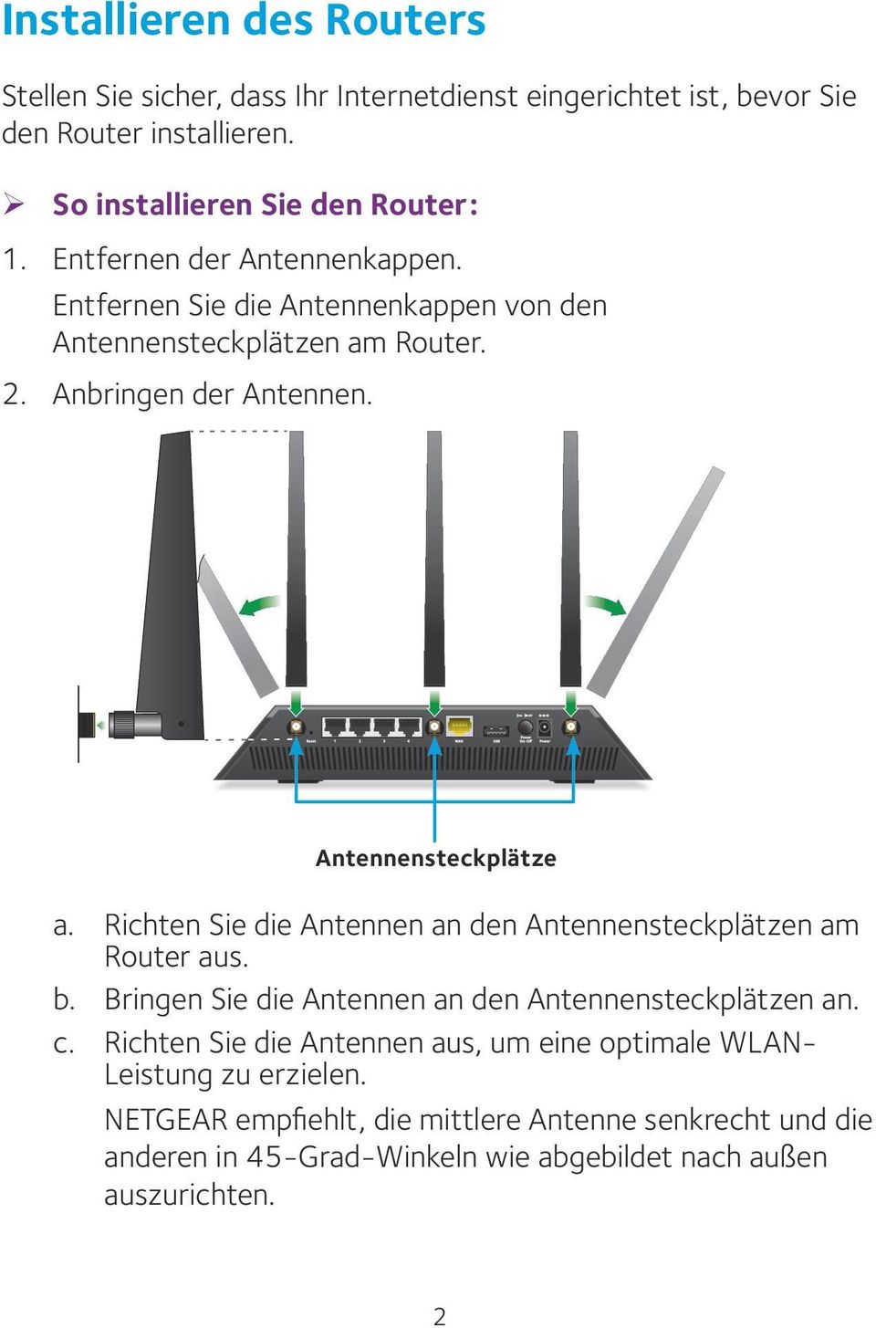 Richten Sie die Antennen an den Antennensteckplätzen am Router aus. b. Bringen Sie die Antennen an den Antennensteckplätzen an. c.