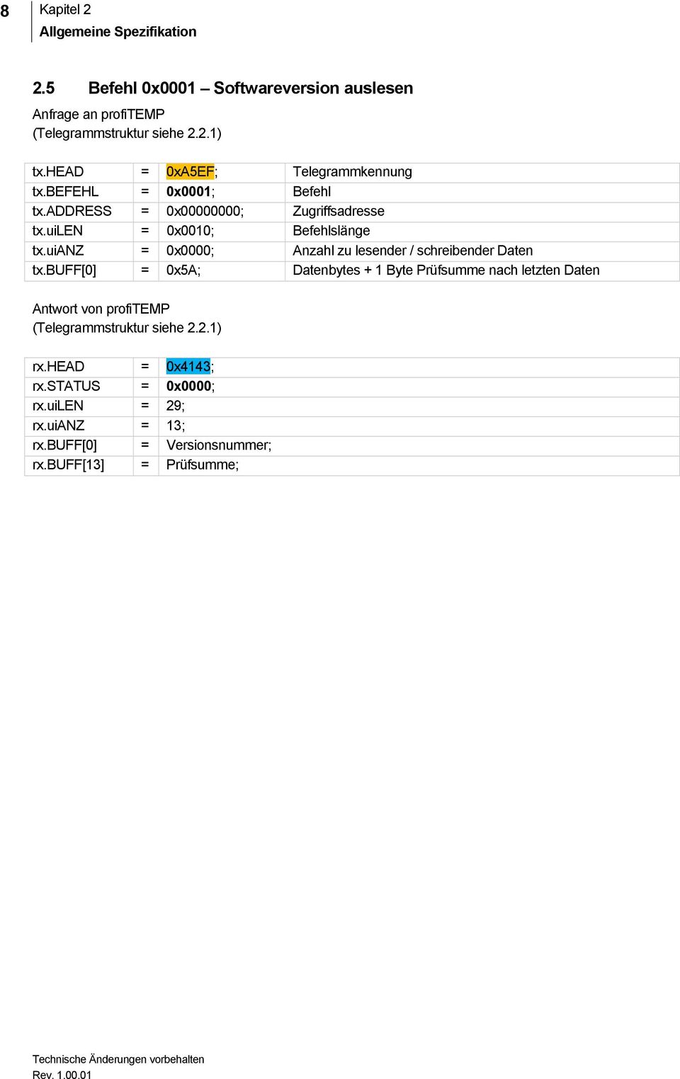 uilen = 0x0010; Befehlslänge tx.uianz = 0x0000; Anzahl zu lesender / schreibender Daten tx.