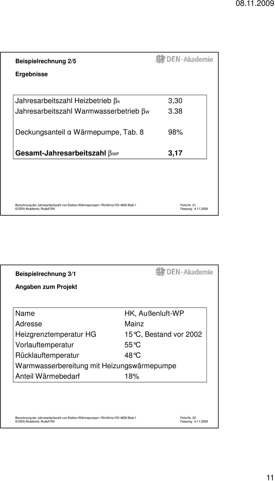 21 Beispielrechnung 3/1 Angaben zum Projekt Name HK, Außenluft-WP Adresse Mainz Heizgrenztemperatur HG 15 C,