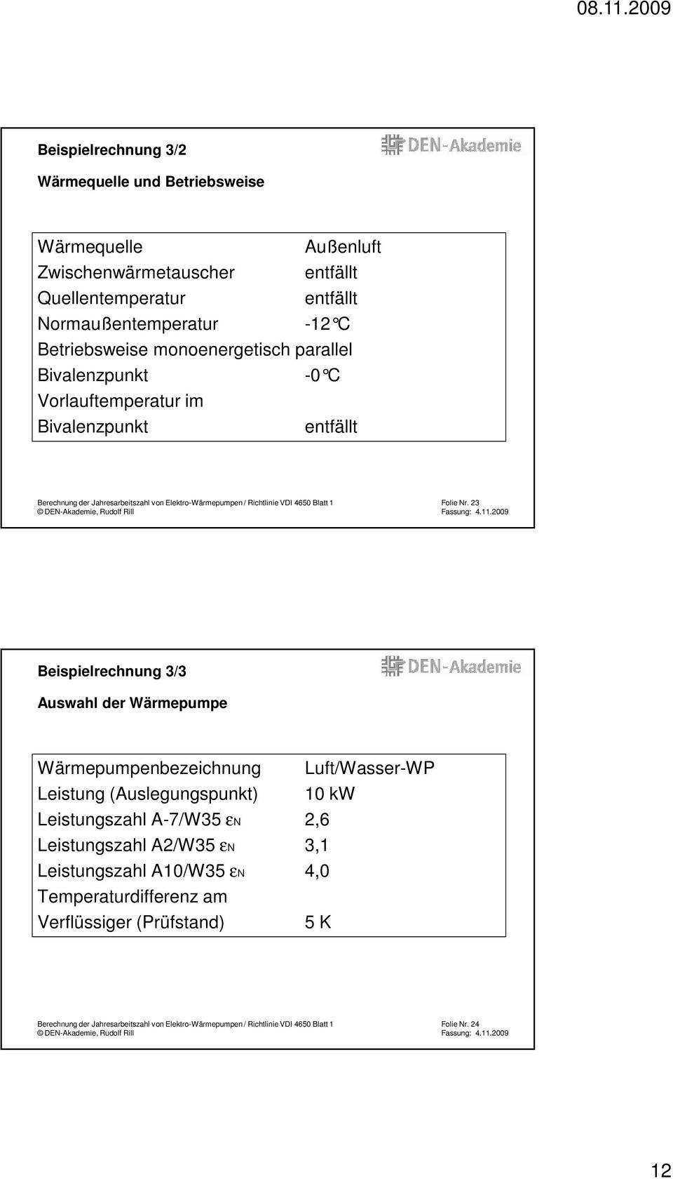 Nr. 23 Beispielrechnung 3/3 Auswahl der Wärmepumpe Wärmepumpenbezeichnung Luft/Wasser-WP Leistung (Auslegungspunkt) 10 kw