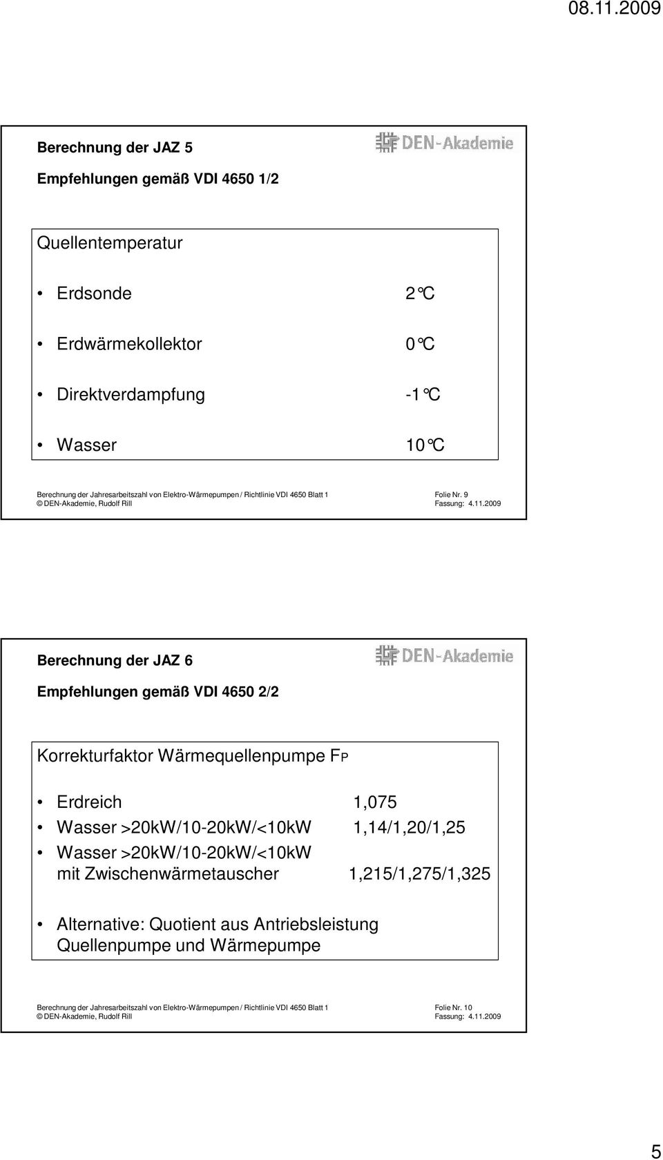 9 Berechnung der JAZ 6 Empfehlungen gemäß VDI 4650 2/2 Korrekturfaktor Wärmequellenpumpe FP Erdreich 1,075 Wasser