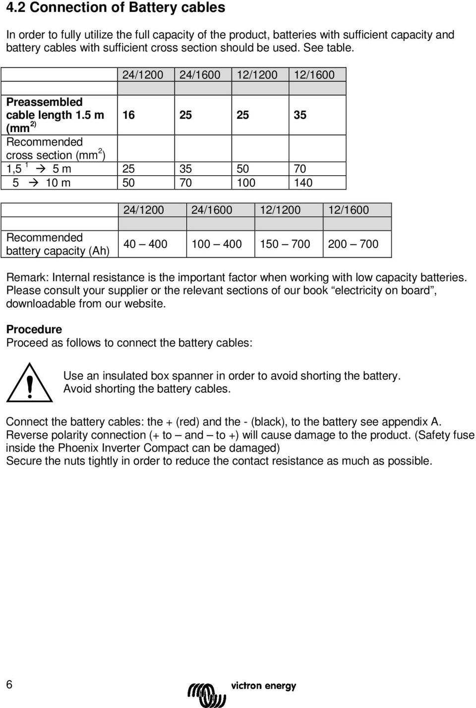 5 m 16 25 25 35 (mm 2) Recommended cross secti (mm 2 ) 1,5 1 5 m 25 35 50 70 5 10 m 50 70 100 140 24/1200 24/1600 12/1200 12/1600 Recommended battery capacity (Ah) 40 400 100 400 150 700 200 700