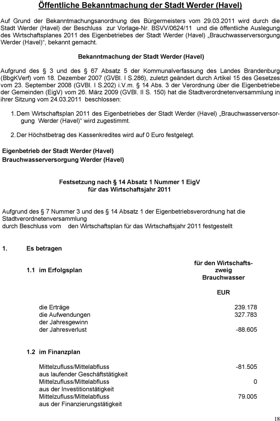 Bekanntmachung der Stadt Werder (Havel) Aufgrund des 3 und des 67 Absatz 5 der Kommunalverfassung des Landes Brandenburg (BbgKVerf) vom 18. Dezember 2007 (GVBl. I S.