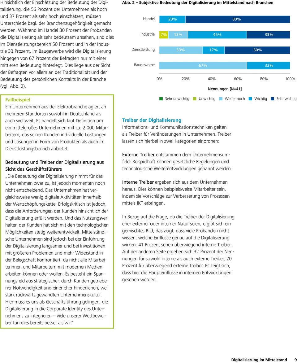 Während im Handel 80 Prozent der Probanden die Digitalisierung als sehr bedeutsam ansehen, sind dies im Dienstleistungsbereich 50 Prozent und in der Industrie 33 Prozent.