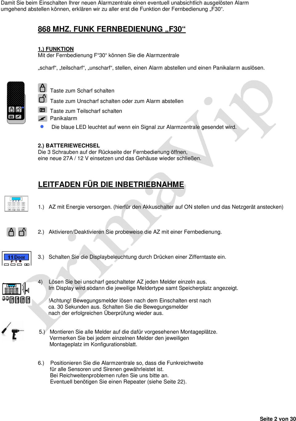 Taste zum Scharf schalten Taste zum Unscharf schalten oder zum Alarm abstellen Taste zum Teilscharf schalten Panikalarm Die blaue LED leuchtet auf wenn ein Signal zur Alarmzentrale gesendet wird. 2.