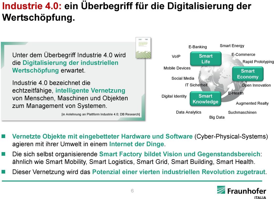 0 bezeichnet die echtzeitfähige, intelligente Vernetzung von Menschen, Maschinen und Objekten zum Management von Systemen. [in Anlehnung an Plattform Industrie 4.