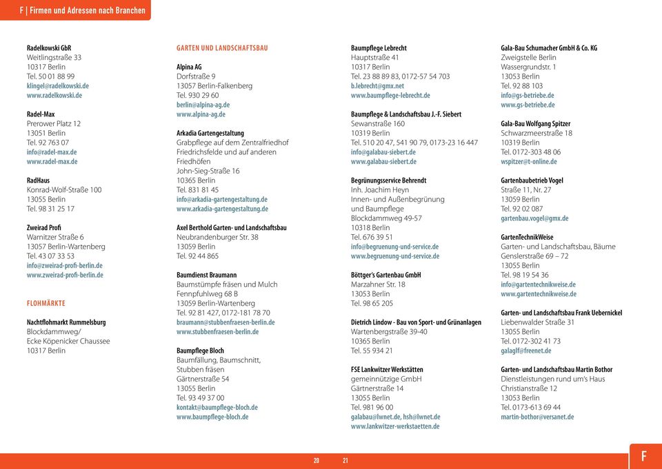 de www.zweirad-profi-berlin.de lohmärkte Nachtflohmarkt Rummelsburg Blockdammweg/ Ecke Köpenicker Chaussee Garten und Landschaftsbau Alpina AG Dorfstraße 9 13057 Berlin-alkenberg Tel.