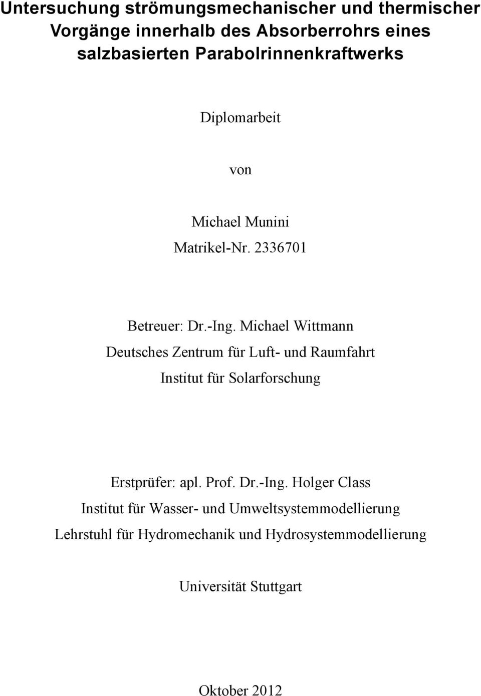 Michael Wittmann Deutsches Zentrum für Luft- und Raumfahrt Institut für Solarforschung Erstprüfer: apl. Prof. Dr.-Ing.