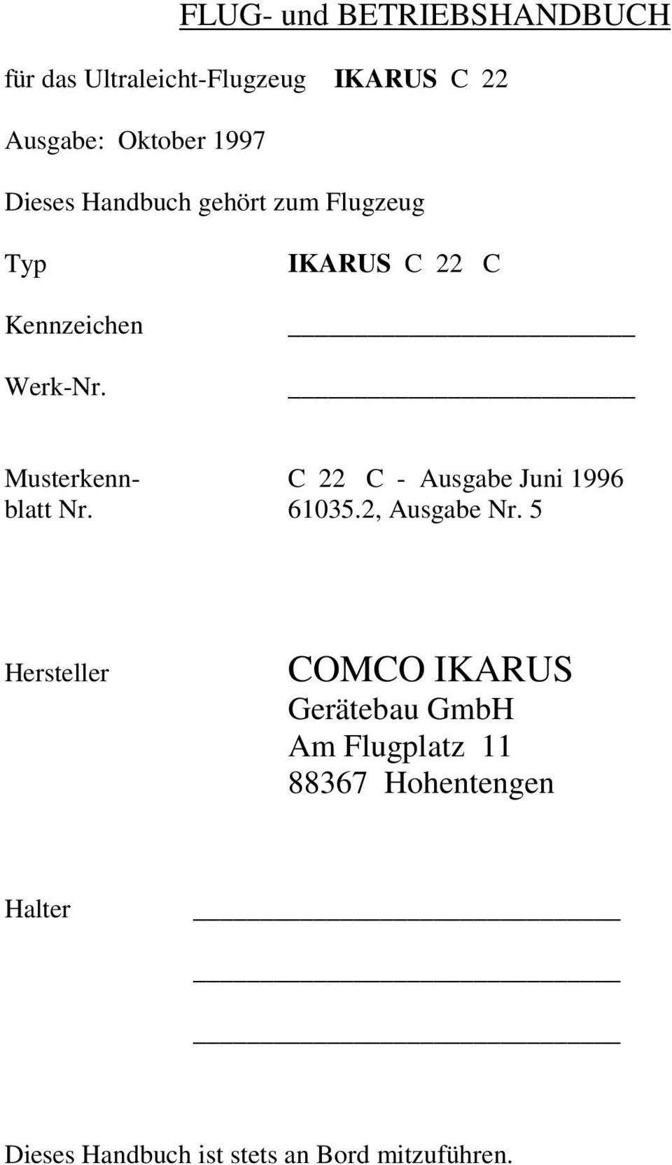 IKARUS C 22 C Musterkenn- C 22 C - Ausgabe Juni 1996 blatt Nr. 61035.2, Ausgabe Nr.