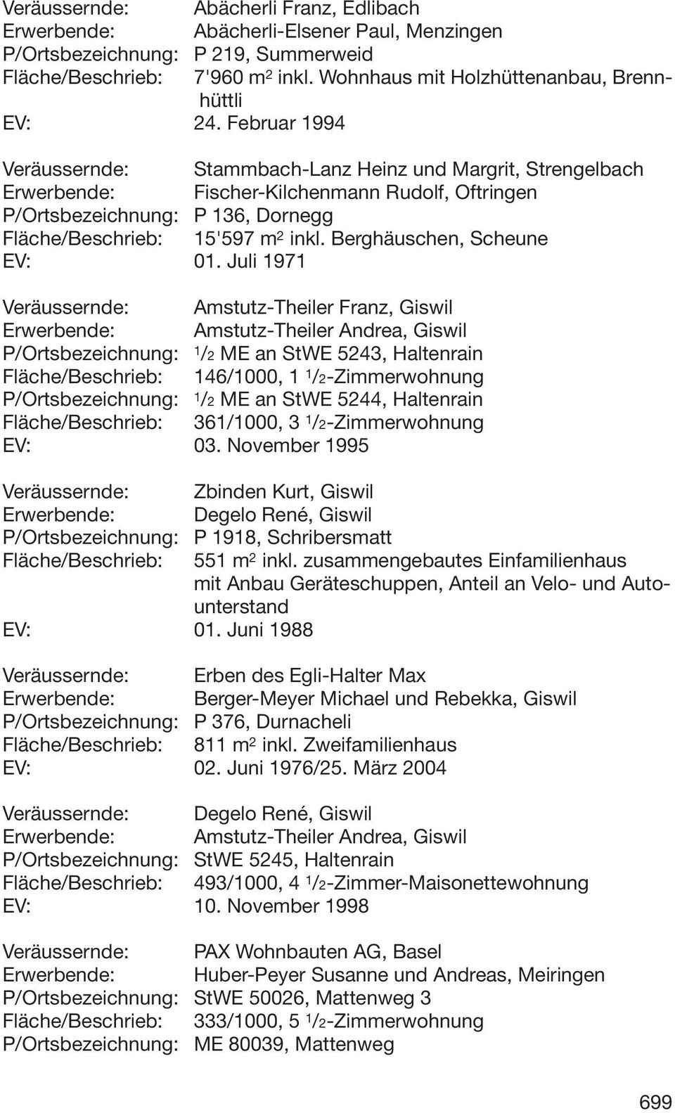 Februar 1994 Veräussernde: Stammbach-Lanz Heinz und Margrit, Strengelbach Erwerbende: Fischer-Kilchenmann Rudolf, Oftringen P/Ortsbezeichnung: P 136, Dornegg Fläche/Beschrieb: 15'597 m 2 inkl.