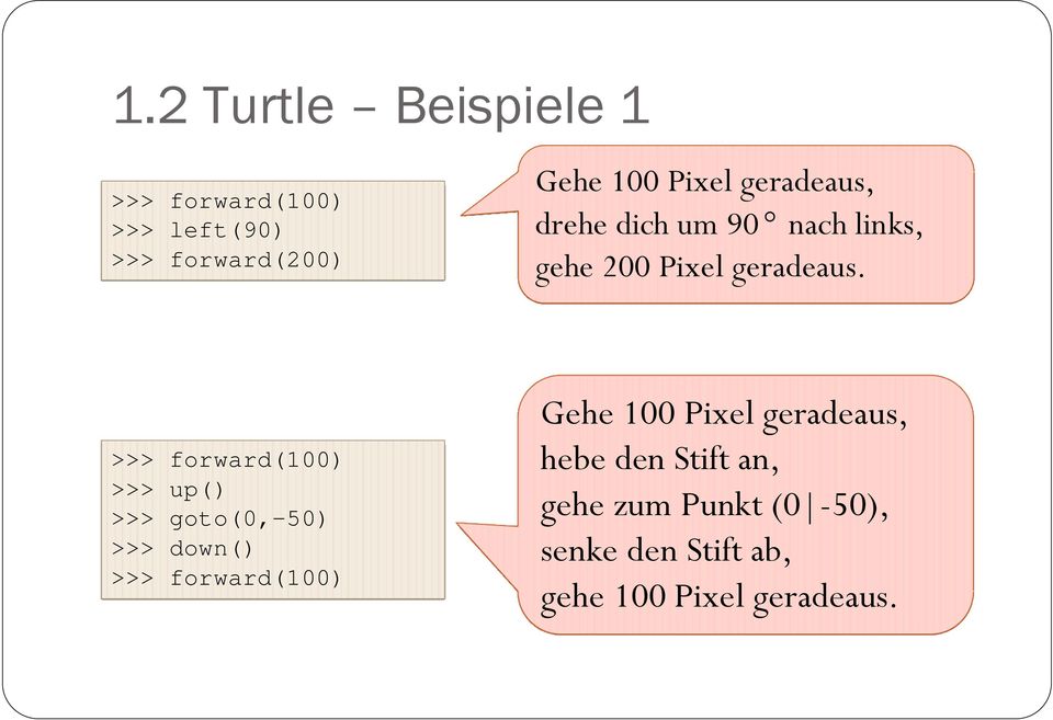 >>> forward(100) >>> up() >>> goto(0,-50) >>> down() >>> forward(100) Gehe 100