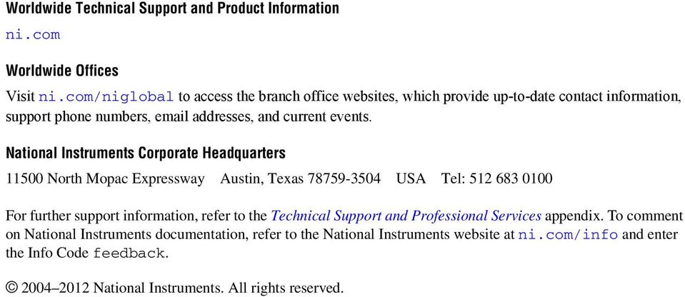 National Instruments Corporate Headquarters 11500 North Mopac Expressway Austin, Texas 78759-3504 USA Tel: 512 683 0100 For further support information, refer to the