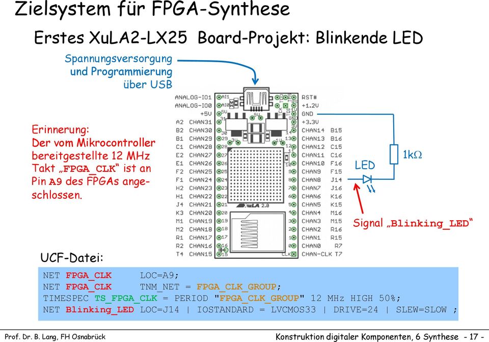 LED 1k Signal Blinking_LED UCF-Datei: NET FPGA_CLK LOC=A9; NET FPGA_CLK TNM_NET = FPGA_CLK_GROUP; TIMESPEC TS_FPGA_CLK