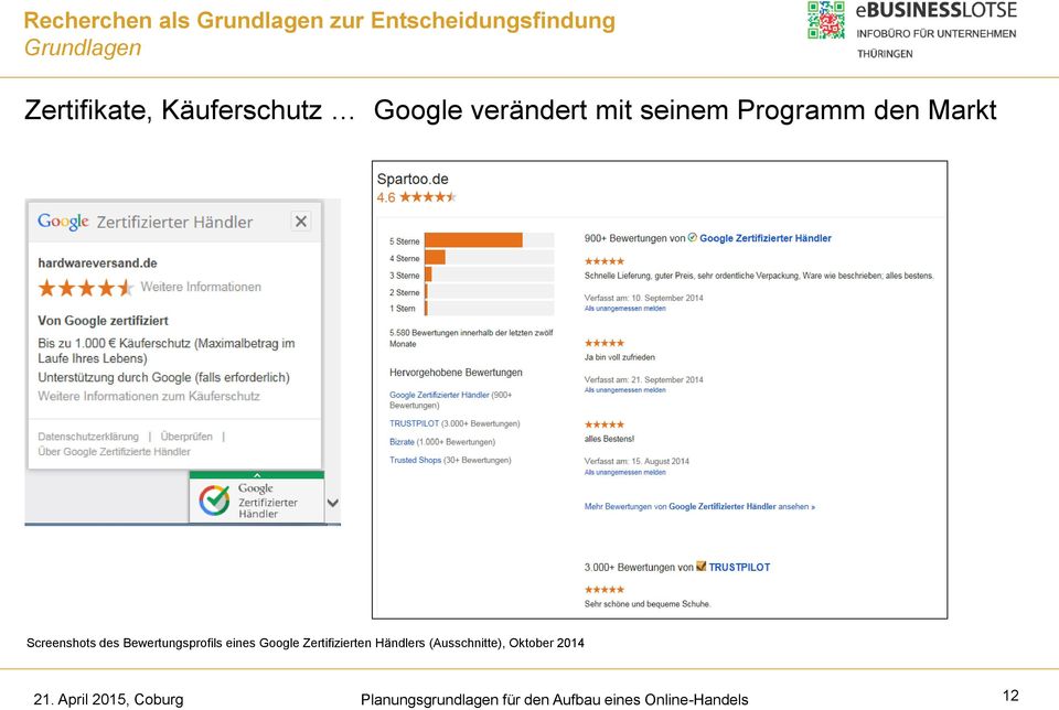 Screenshots des Bewertungsprofils eines Google Zertifizierten Händlers