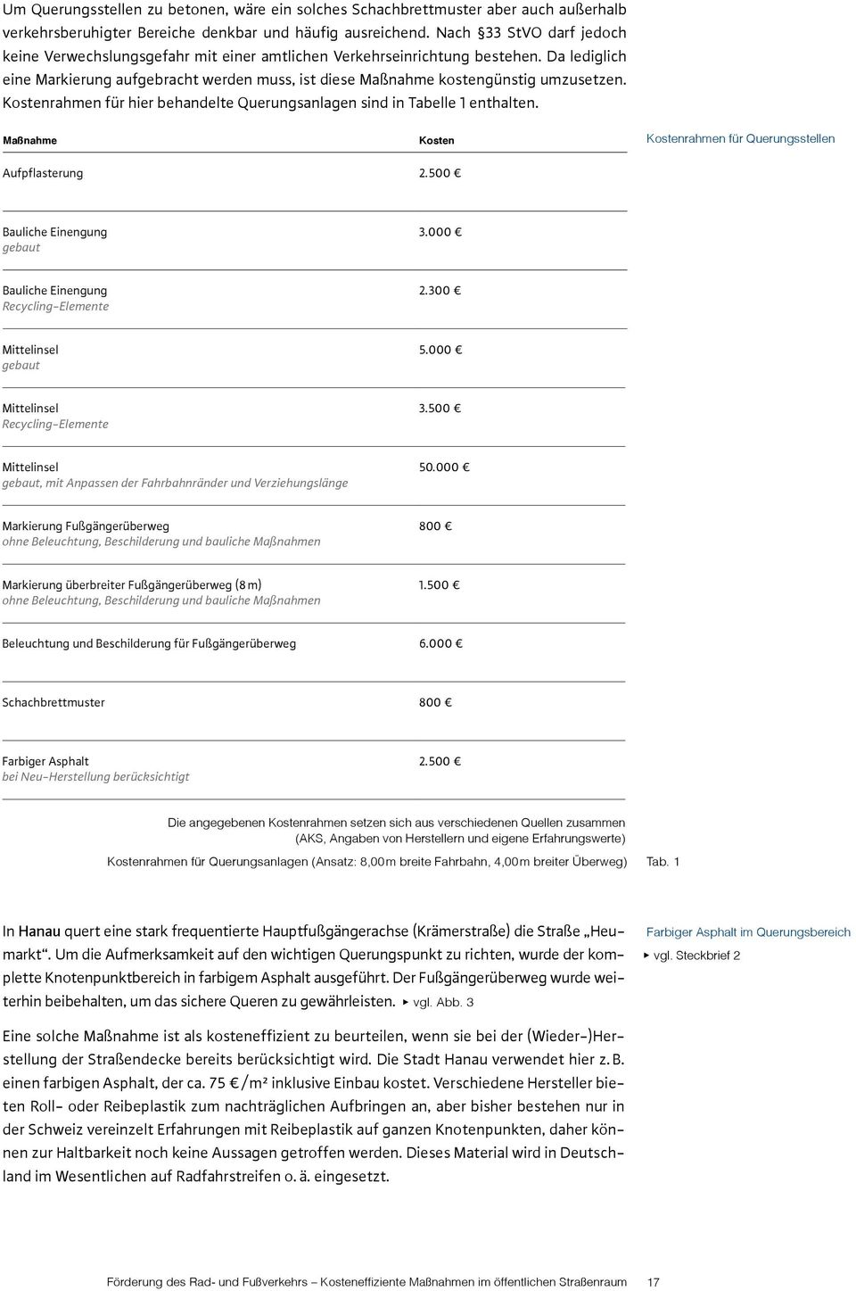 Kostenrahmen für hier behandelte Querungsanlagen sind in Tabelle 1 enthalten. Maßnahme Kosten Kostenrahmen für Querungsstellen Aufpflasterung 2.500 Bauliche Einengung gebaut 3.