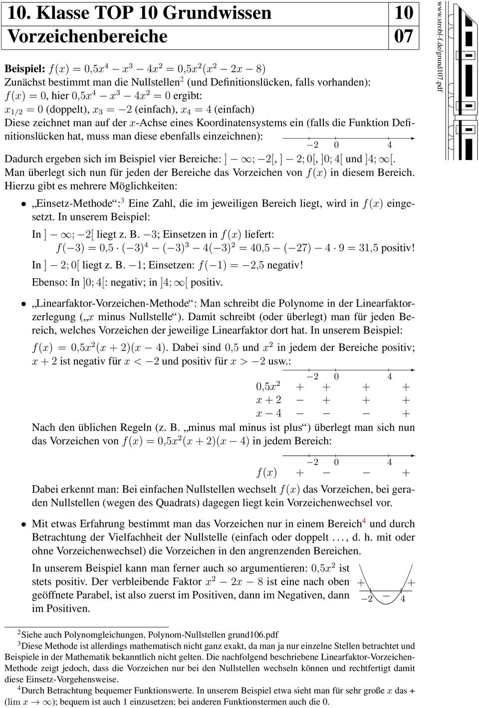 ebenfalls einzeichnen): 0 4 Dadurch ergeben sich im Beispiel vier Bereiche: ] ; [, ] ; 0[, ]0; 4[ und ]4; [. Man überlegt sich nun für jeden der Bereiche das Vorzeichen von f(x) in diesem Bereich.