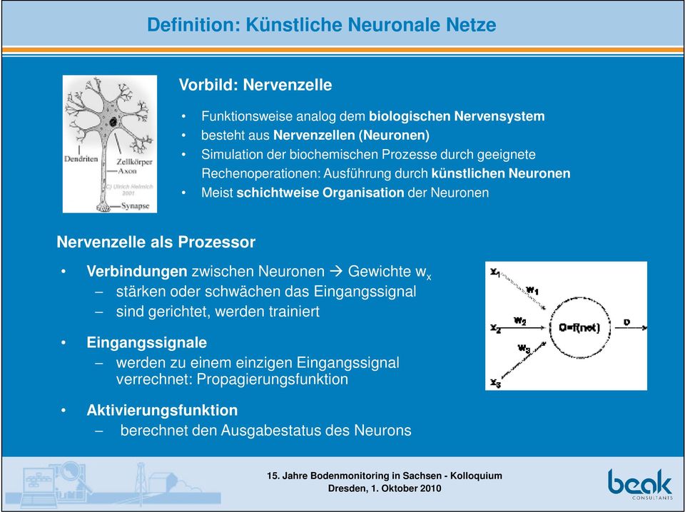 Neuronen Nervenzelle als Prozessor Verbindungen zwischen Neuronen Gewichte w x stärken oder schwächen das Eingangssignal sind gerichtet, werden