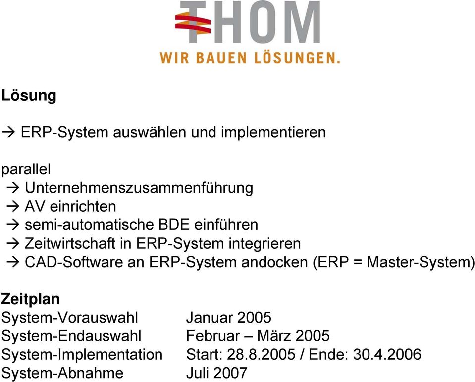 an ERP-System andocken (ERP = Master-System) Zeitplan System-Vorauswahl Januar 2005