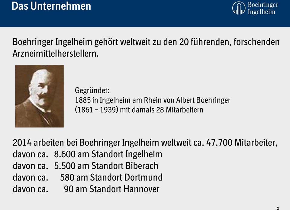 Gegründet: 1885 in Ingelheim am Rhein von Albert Boehringer (1861 1939) mit damals 28 Mitarbeitern 2014
